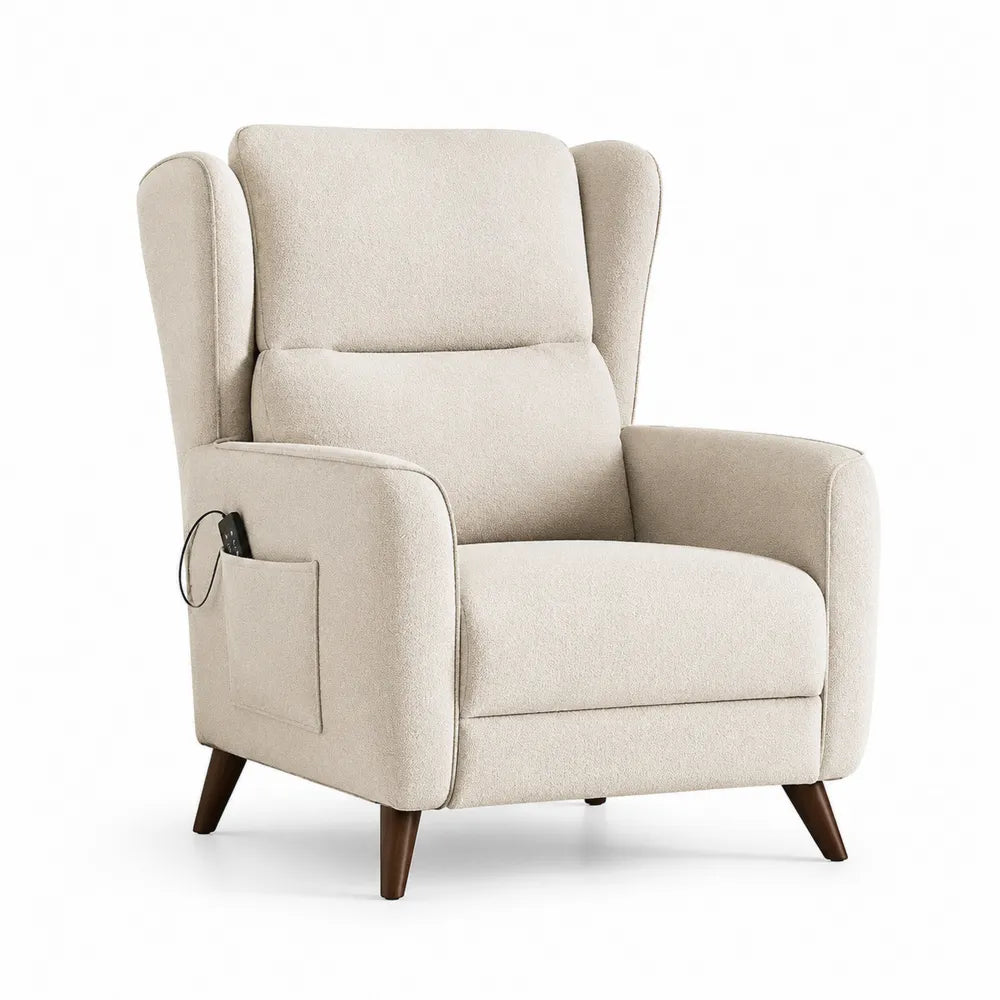 Relaxsessel mit hoher Rückenlehne 75 cm x 80 cm x 105 cm Polyester Holzgestell Beige Braun mit Armlehnen und Seitentasche