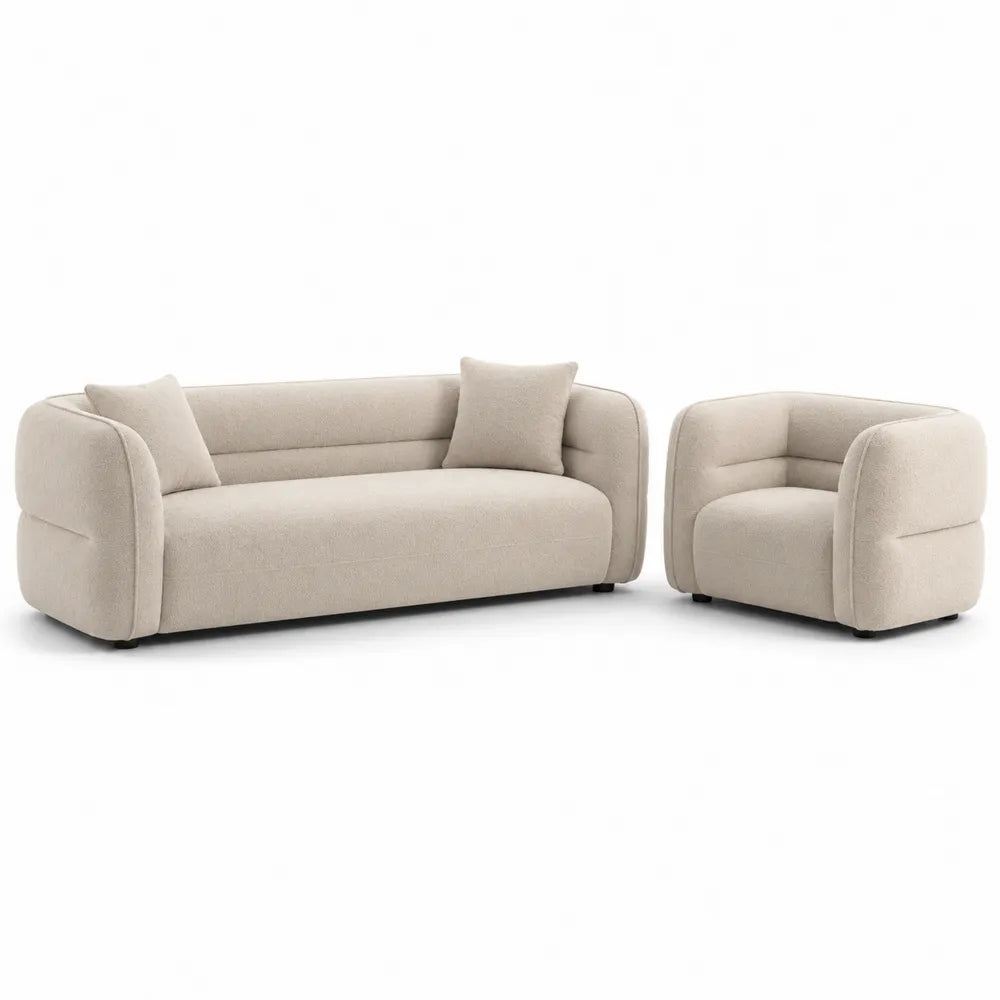 Sofa Set 2-teilig 3-Sitzer mit Sessel 200 x 85 x 70 cm + 85 x 85 x 70 cm Beige Polyester Stoff Rundarmlehnen 1-Sitzer Lounge