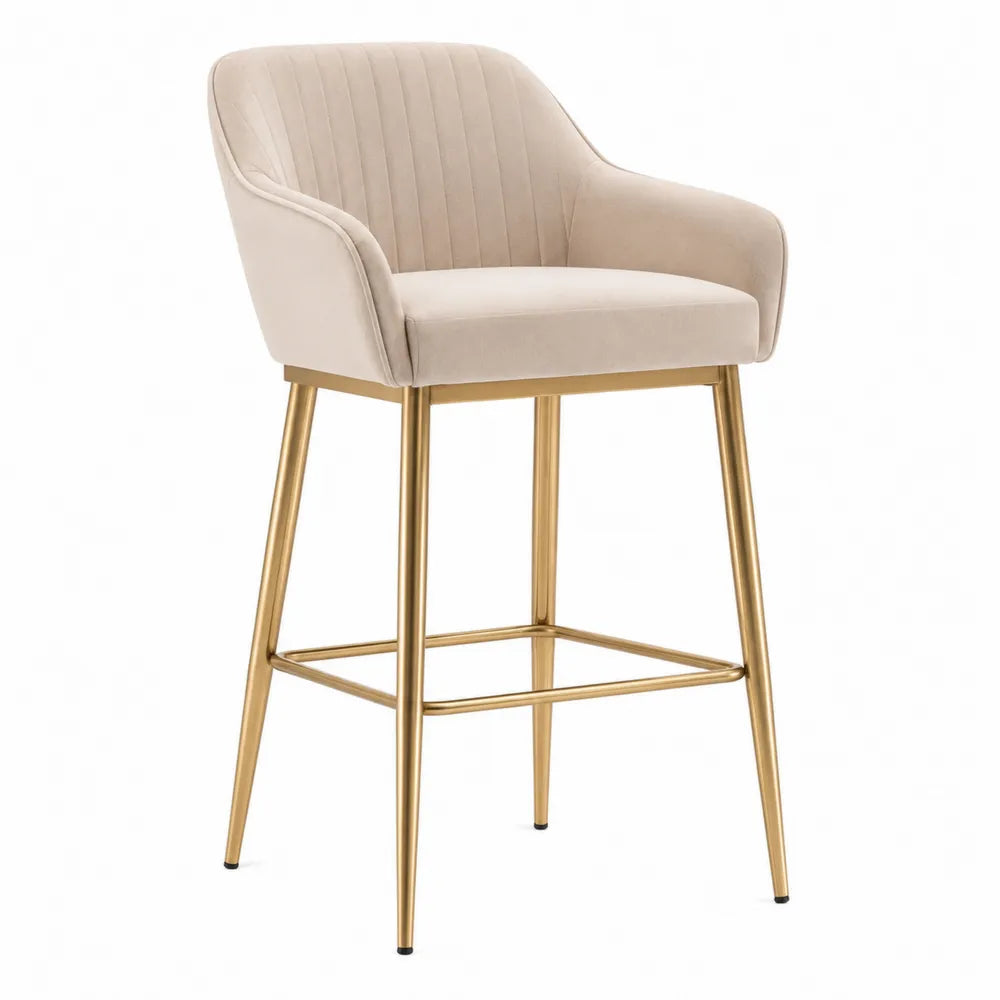 Barhocker mit Armlehnen 55 x 56 x 105 cm gepolstert Beige Samt Metallgestell Goldfarben rechteckig mit Fußring