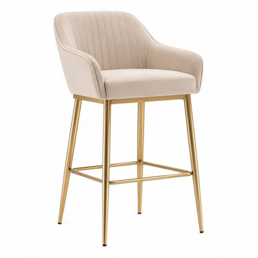Barhocker mit Armlehnen 55 x 56 x 105 cm gepolstert Beige Samt Metallgestell Goldfarben rechteckig mit Fußring