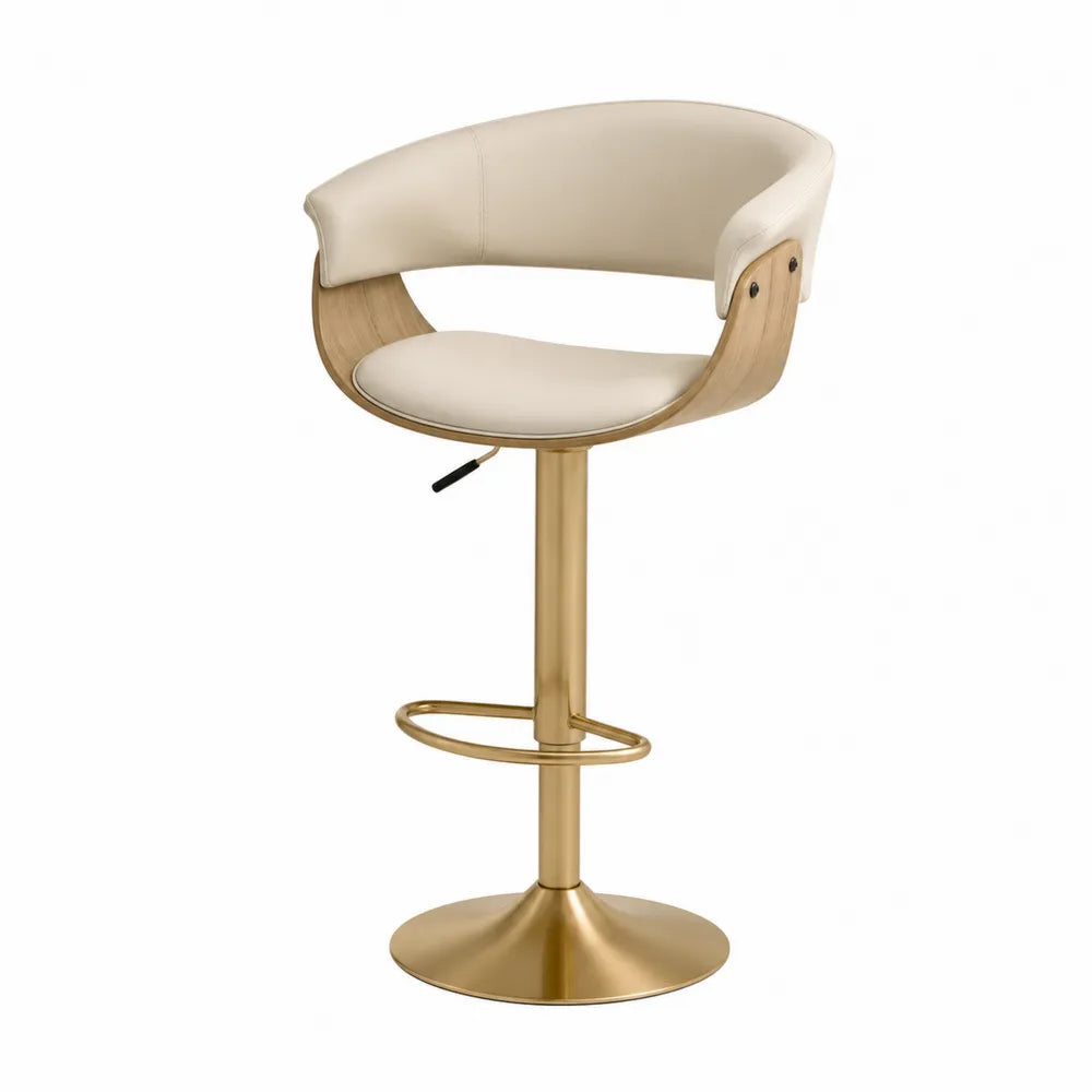 Barhocker höhenverstellbar 55 x 55 cm Sitzhöhe 65–85 cm Beige Holzoptik PU Leder Metallgestell Goldfarben rund mit Rückenlehne