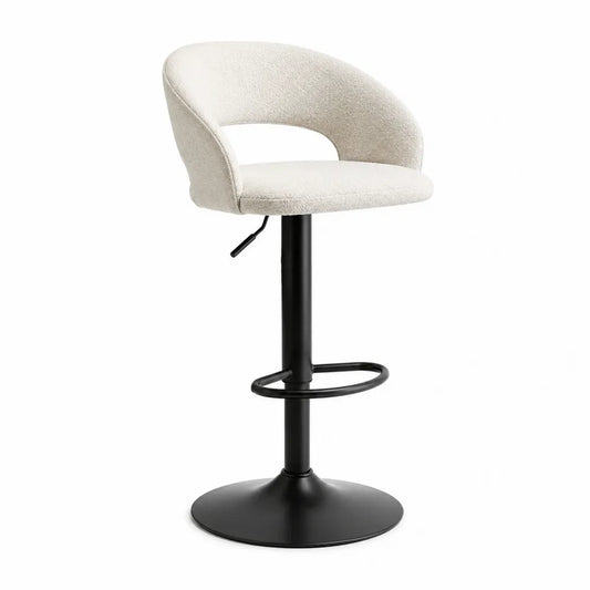 Barhocker höhenverstellbar 55 x 55 cm Sitzhöhe 65–85 cm Beige Bouclé Holzschale Stahlgestell Schwarz Rundbasis mit Rückenlehne