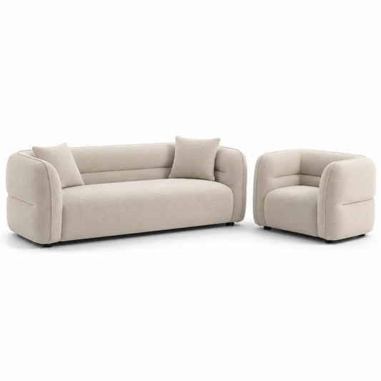 Sofa Set 2-teilig 3-Sitzer mit Sessel 200 x 85 x 70 cm + 85 x 85 x 70 cm Beige Polyester Stoff Rundarmlehnen 1-Sitzer Lounge