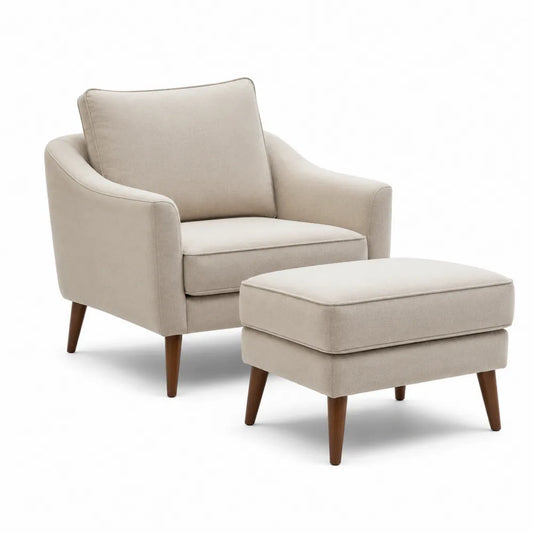 Sessel mit Hocker Set 76 x 75 x 85 cm 60 x 45 x 42 cm Beige Stoff Massivholz Holzbeine rechteckig mit Armlehnen