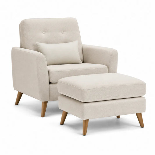 Sessel mit Hocker 2-teilig Set 75 cm x 80 cm x 95 cm Polyester Holzbeine Beige mit Armlehnen und Rückenlehne