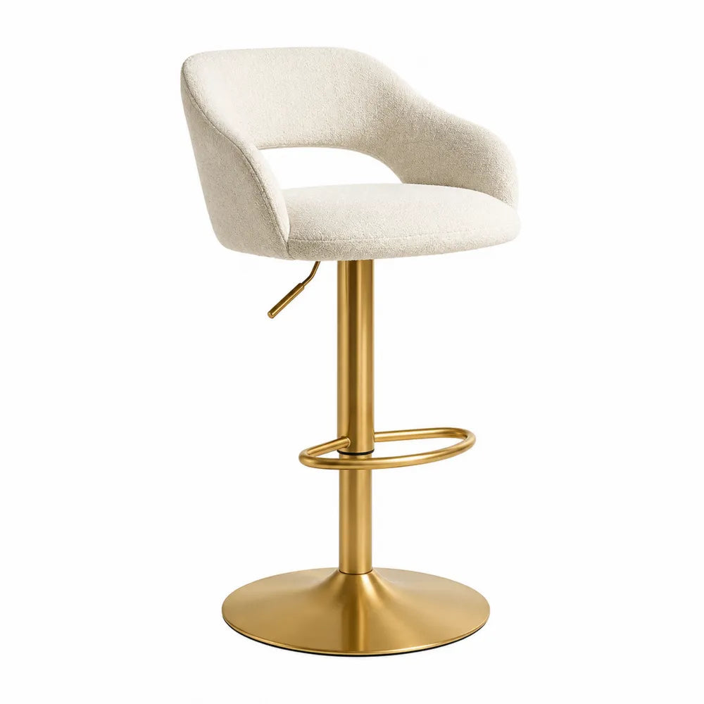 Barhocker mit Rückenlehne höhenverstellbar 45 x 45 x 85-105 cm rund Beige Gold Metallgestell mit Gasdruckfeder Fußring und Rundfuß