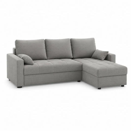 Ecksofa mit Recamiere rechts 245 x 155 x 86 cm Grau Polyester Cord Holzgestell L-Form mit Kissen