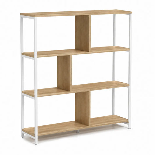 Bodenregal 120 x 30 x 130 cm rechteckig Holzoptik Eiche Natur weiß Metallrahmen offenes 4 Ebenen Regal MDF Stahl
