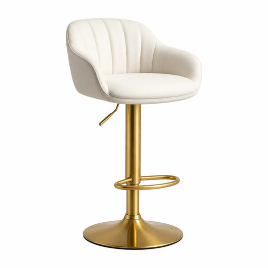 Barhocker mit Rückenlehne höhenverstellbar 45 x 48 x 85-105 cm rund Weiß Gold PU Kunstleder Stahlgestell mit Gasdruckfeder Fußring Rundfuß
