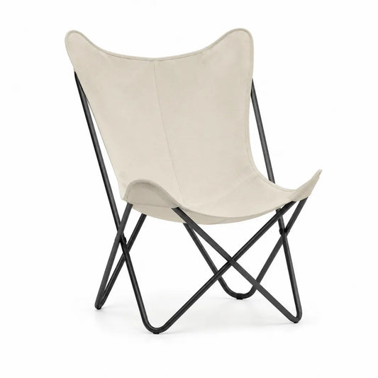 Butterfly Sessel klappbar 75 cm x 75 cm x 90 cm Polyester Canvas Beige Stahlgestell Schwarz Kreuzrahmen